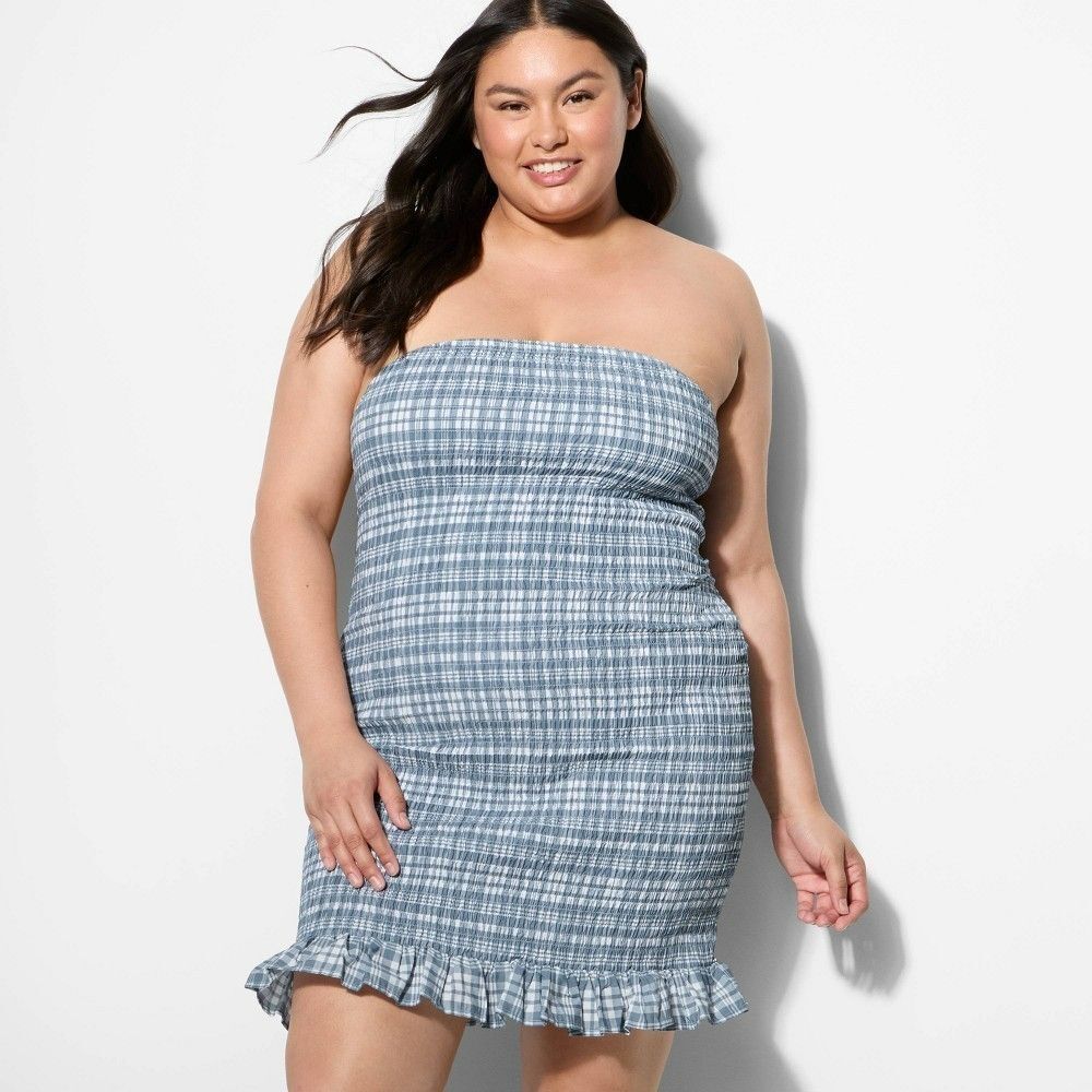 Women's Smocked Bodycon Mini Tube Dress - Wild Fable Slate Blue Plaid XXL NWT